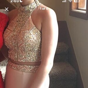 Dave & Johnny Beaded Two-Piece Prom Dress in Blush Gold